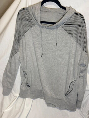 Nine West Active Gray Hooded Pullover Sweatshirt with Mesh Shoulder Details